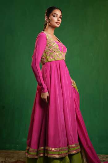Ahi Clothing_Fuchsia Organza, Crepe Scoop , Square Embroidered Jacket And Anarkali Set _Online_at_Aza_Fashions