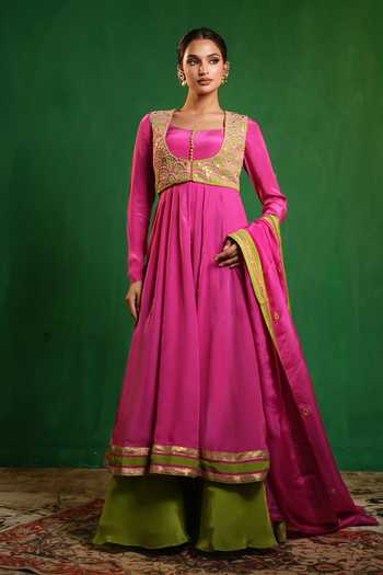 Buy_Ahi Clothing_Fuchsia Organza, Crepe Scoop , Square Embroidered Jacket And Anarkali Set _Online_at_Aza_Fashions