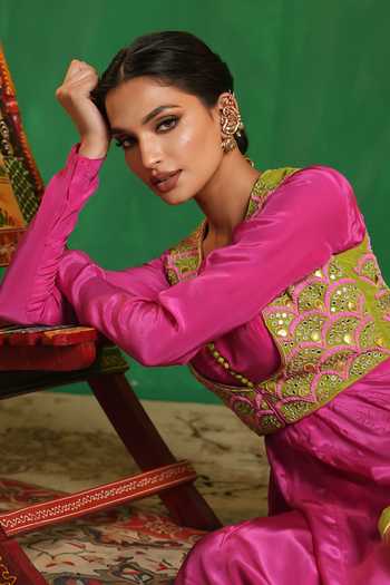 Shop_Ahi Clothing_Fuchsia Organza, Crepe Scoop , Square Embroidered Jacket And Anarkali Set _Online_at_Aza_Fashions