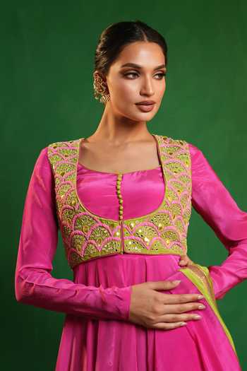 Ahi Clothing_Fuchsia Organza, Crepe Scoop , Square Embroidered Jacket And Anarkali Set _at_Aza_Fashions
