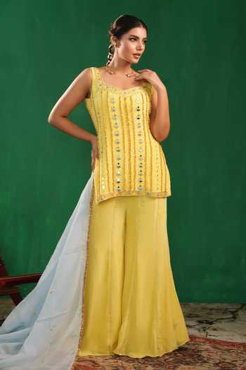 Ahi Clothing_Yellow Crepe, Organza Zari, Lace Square Neck Embroidered Kurta Palazzo Set _Online_at_Aza_Fashions