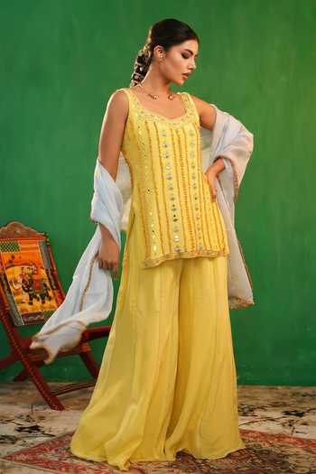 Buy_Ahi Clothing_Yellow Crepe, Organza Zari, Lace Square Neck Embroidered Kurta Palazzo Set _Online_at_Aza_Fashions