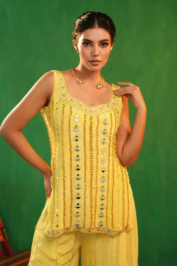 Shop_Ahi Clothing_Yellow Crepe, Organza Zari, Lace Square Neck Embroidered Kurta Palazzo Set _Online_at_Aza_Fashions