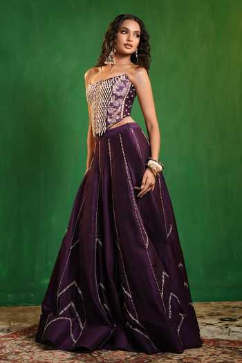 Ahi Clothing_Purple Silk Beads, Pearls, Zari, Cut Work, Embroidered Corset And Lehenga Set _Online_at_Aza_Fashions