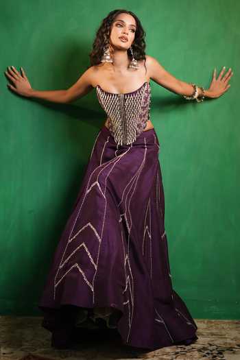 Buy_Ahi Clothing_Purple Silk Beads, Pearls, Zari, Cut Work, Embroidered Corset And Lehenga Set _Online_at_Aza_Fashions