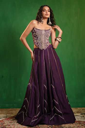 Shop_Ahi Clothing_Purple Silk Beads, Pearls, Zari, Cut Work, Embroidered Corset And Lehenga Set _Online_at_Aza_Fashions