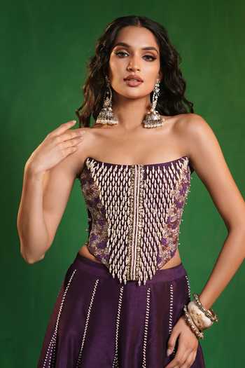 Ahi Clothing_Purple Silk Beads, Pearls, Zari, Cut Work, Embroidered Corset And Lehenga Set _at_Aza_Fashions