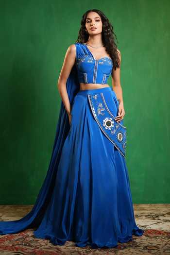 Ahi Clothing_Blue Crepe Embroidery, Beads, Pearls, Tassels Sweetheart Corset And Lehenga Set _Online_at_Aza_Fashions