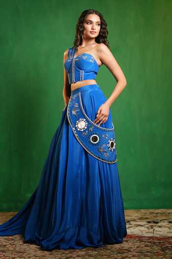 Buy_Ahi Clothing_Blue Crepe Embroidery, Beads, Pearls, Tassels Sweetheart Corset And Lehenga Set 