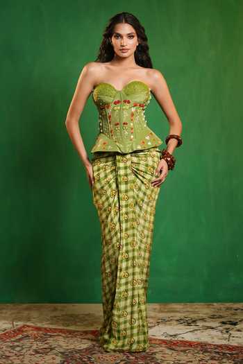 Buy_Ahi Clothing_Green Crepe Embroidery, Pearls Avocado Print Corset And Draped Skirt Set _Online_at_Aza_Fashions