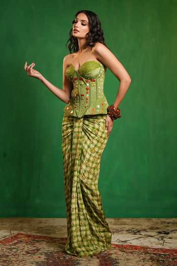 Shop_Ahi Clothing_Green Crepe Embroidery, Pearls Avocado Print Corset And Draped Skirt Set _Online_at_Aza_Fashions
