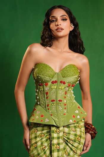 Ahi Clothing_Green Crepe Embroidery, Pearls Avocado Print Corset And Draped Skirt Set _at_Aza_Fashions