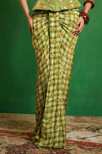 Buy_Ahi Clothing_Green Crepe Embroidery, Pearls Avocado Print Corset And Draped Skirt Set 