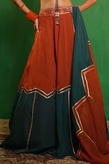 Ahi Clothing_Orange Organza Scoop Neck Patchwork Embroidered Lehenga Set _Online_at_Aza_Fashions