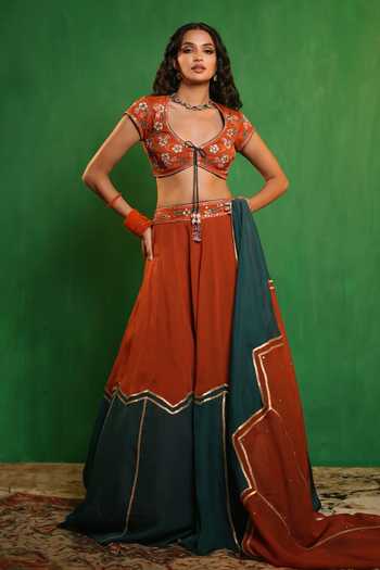 Buy_Ahi Clothing_Orange Organza Scoop Neck Patchwork Embroidered Lehenga Set _Online_at_Aza_Fashions