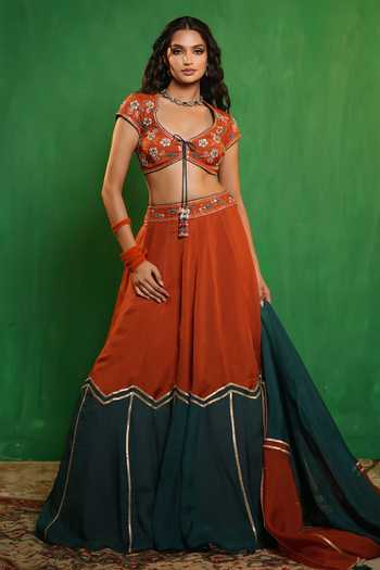 Shop_Ahi Clothing_Orange Organza Scoop Neck Patchwork Embroidered Lehenga Set _Online_at_Aza_Fashions