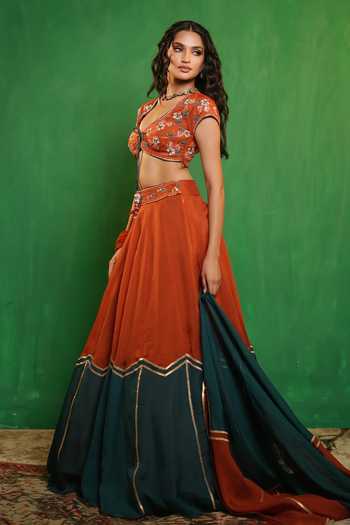 Ahi Clothing_Orange Organza Scoop Neck Patchwork Embroidered Lehenga Set _at_Aza_Fashions