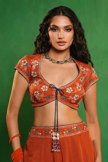 Buy_Ahi Clothing_Orange Organza Scoop Neck Patchwork Embroidered Lehenga Set 