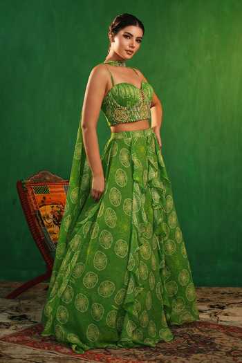 Ahi Clothing_Green Georgette Sweetheart Neck Lime Ruffle Lehenga Set _Online_at_Aza_Fashions