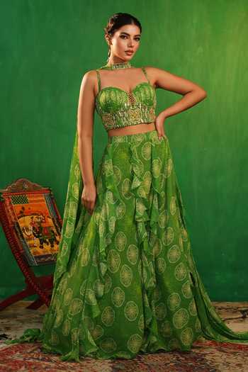 Buy_Ahi Clothing_Green Georgette Sweetheart Neck Lime Ruffle Lehenga Set _Online_at_Aza_Fashions