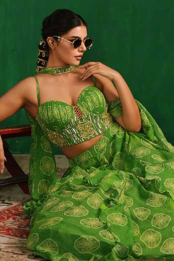 Ahi Clothing_Green Georgette Sweetheart Neck Lime Ruffle Lehenga Set _at_Aza_Fashions