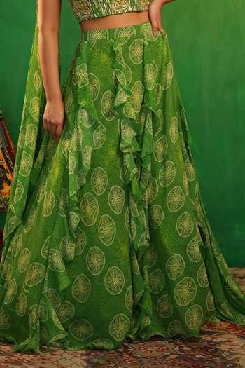Buy_Ahi Clothing_Green Georgette Sweetheart Neck Lime Ruffle Lehenga Set 