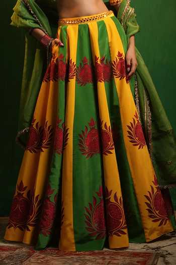 Buy_Ahi Clothing_Yellow Organza, Crepe Square Neck Pomegranate Print Lehenga Set _Online_at_Aza_Fashions
