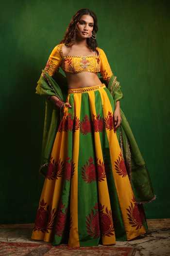 Shop_Ahi Clothing_Yellow Organza, Crepe Square Neck Pomegranate Print Lehenga Set _Online_at_Aza_Fashions