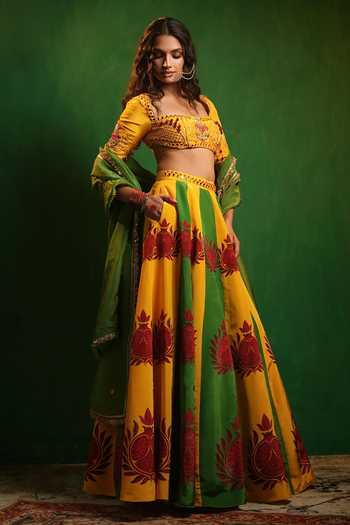 Ahi Clothing_Yellow Organza, Crepe Square Neck Pomegranate Print Lehenga Set _at_Aza_Fashions