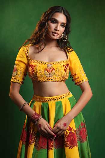 Buy_Ahi Clothing_Yellow Organza, Crepe Square Neck Pomegranate Print Lehenga Set 
