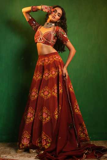 Ahi Clothing_Maroon Organza, Crepe Sweetheart Neck Lotus Aangi Lehenga Set _Online_at_Aza_Fashions