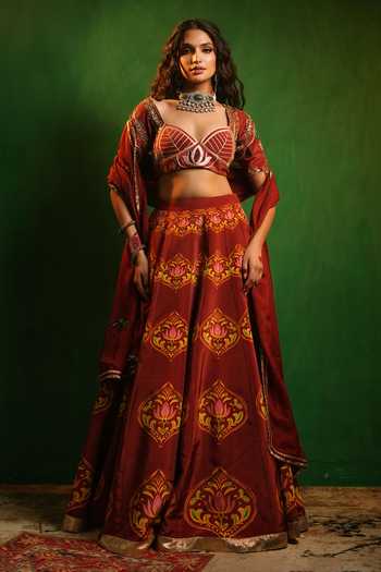 Buy_Ahi Clothing_Maroon Organza, Crepe Sweetheart Neck Lotus Aangi Lehenga Set _Online_at_Aza_Fashions