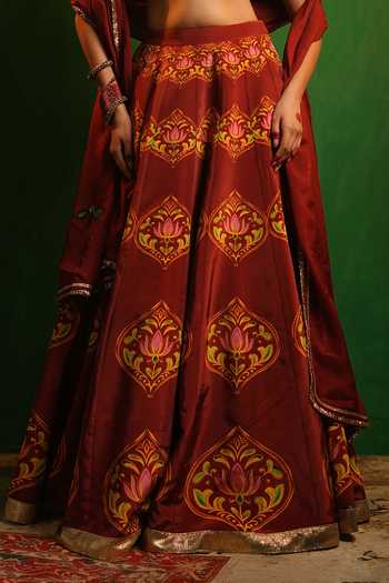 Shop_Ahi Clothing_Maroon Organza, Crepe Sweetheart Neck Lotus Aangi Lehenga Set _Online_at_Aza_Fashions