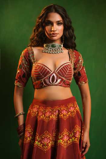 Ahi Clothing_Maroon Organza, Crepe Sweetheart Neck Lotus Aangi Lehenga Set _at_Aza_Fashions