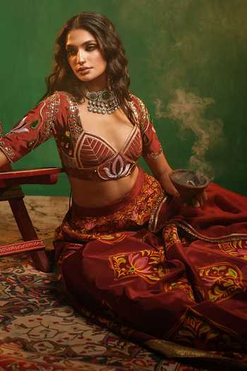 Buy_Ahi Clothing_Maroon Organza, Crepe Sweetheart Neck Lotus Aangi Lehenga Set 
