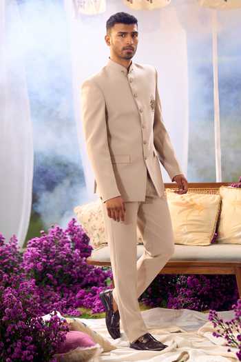 Shop Aariyana Couture Beige Terrycloth, Rayon Embroidery Placed Crest Bandhgala Set Shop_Aariyana Couture_Beige Terrycloth, Rayon Embroidery Placed Crest Bandhgala Set