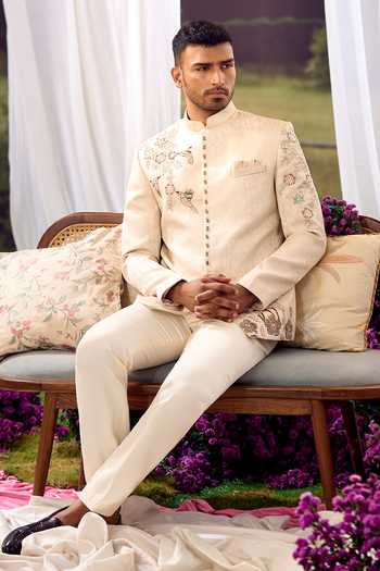 Buy Aariyana Couture Beige Silk Embroidery Floral Bandhgala Set Online at Aza Fashions Buy_Aariyana Couture_Beige Silk Embroidery Floral Bandhgala Set _Online_at_Aza_Fashions