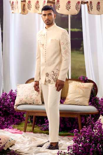 Shop Aariyana Couture Beige Silk Embroidery Floral Bandhgala Set Online at Aza Fashions Shop_Aariyana Couture_Beige Silk Embroidery Floral Bandhgala Set _Online_at_Aza_Fashions