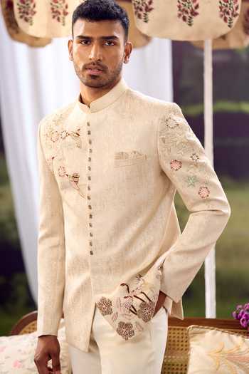 Aariyana Couture Beige Silk Embroidery Floral Bandhgala Set at Aza Fashions Aariyana Couture_Beige Silk Embroidery Floral Bandhgala Set _at_Aza_Fashions