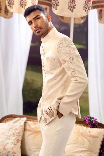 Buy Aariyana Couture Beige Silk Embroidery Floral Bandhgala Set Buy_Aariyana Couture_Beige Silk Embroidery Floral Bandhgala Set