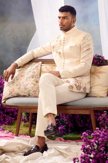 Shop Aariyana Couture Beige Silk Embroidery Floral Bandhgala Set Shop_Aariyana Couture_Beige Silk Embroidery Floral Bandhgala Set