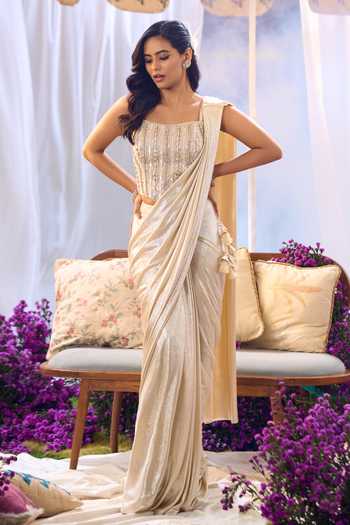 Buy_Aariyana Couture_Ivory Lycra, Net Embroidery, Sequins, Beads Pre-draped Saree With Corset _Online_at_Aza_Fashions