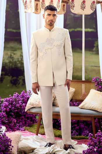 Buy_Aariyana Couture_Beige Embroidery Abstract Bandhgala Set _Online_at_Aza_Fashions