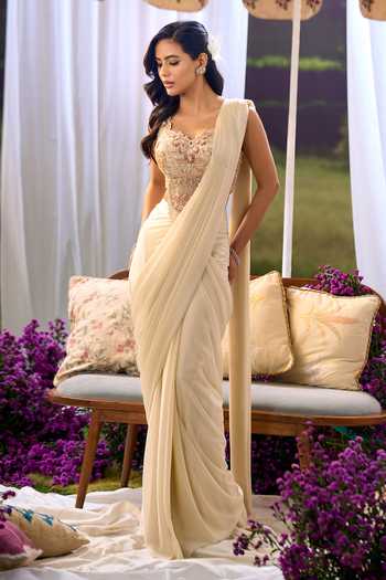 Buy_Aariyana Couture_Ivory Lycra, Net Embroidery Sweetheart Neck Pre-draped Saree With Blouse _Online_at_Aza_Fashions