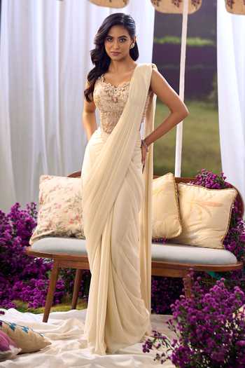 Shop_Aariyana Couture_Ivory Lycra, Net Embroidery Sweetheart Neck Pre-draped Saree With Blouse _Online_at_Aza_Fashions