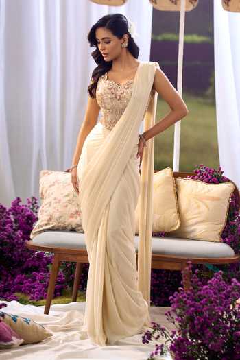 Aariyana Couture_Ivory Lycra, Net Embroidery Sweetheart Neck Pre-draped Saree With Blouse _at_Aza_Fashions