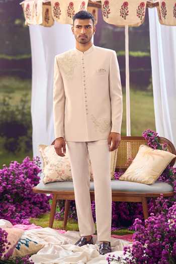 Buy_Aariyana Couture_Beige Zari Placed Embroidered Bandhgala And Trouser Set _Online_at_Aza_Fashions