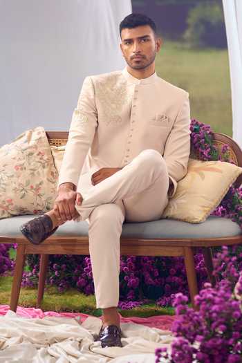 Aariyana Couture_Beige Zari Placed Embroidered Bandhgala And Trouser Set _at_Aza_Fashions