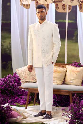 Buy_Aariyana Couture_Cream Embroidery Floral Bandhgala And Trouser Set _Online_at_Aza_Fashions