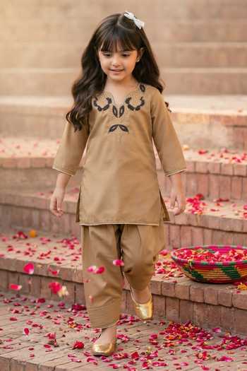 Shop_Petite Pomme_Brown Crepe Embroidery, Beads, Pearls Kurta And Pant Set _Online_at_Aza_Fashions